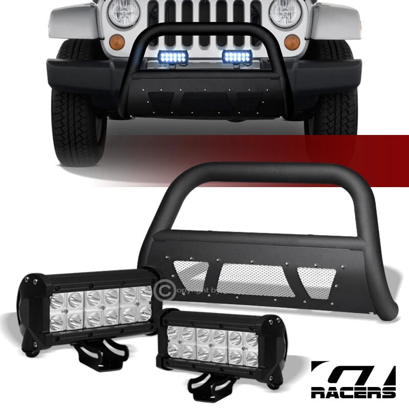 2007-2009 Jeep Wrangler JK Matte Black Studded Mesh Bull Bar+36W LED Lights