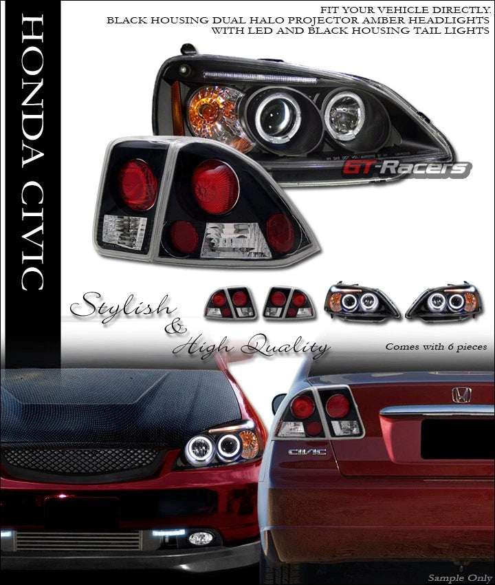 2001-2003 Civic 4D Blk Halo LED Projector Headlights Amber+Altezza Tail Lamp