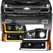 Switchback Sequential 03-06 Silverado Blk Full LED Projector Headlight+Strip