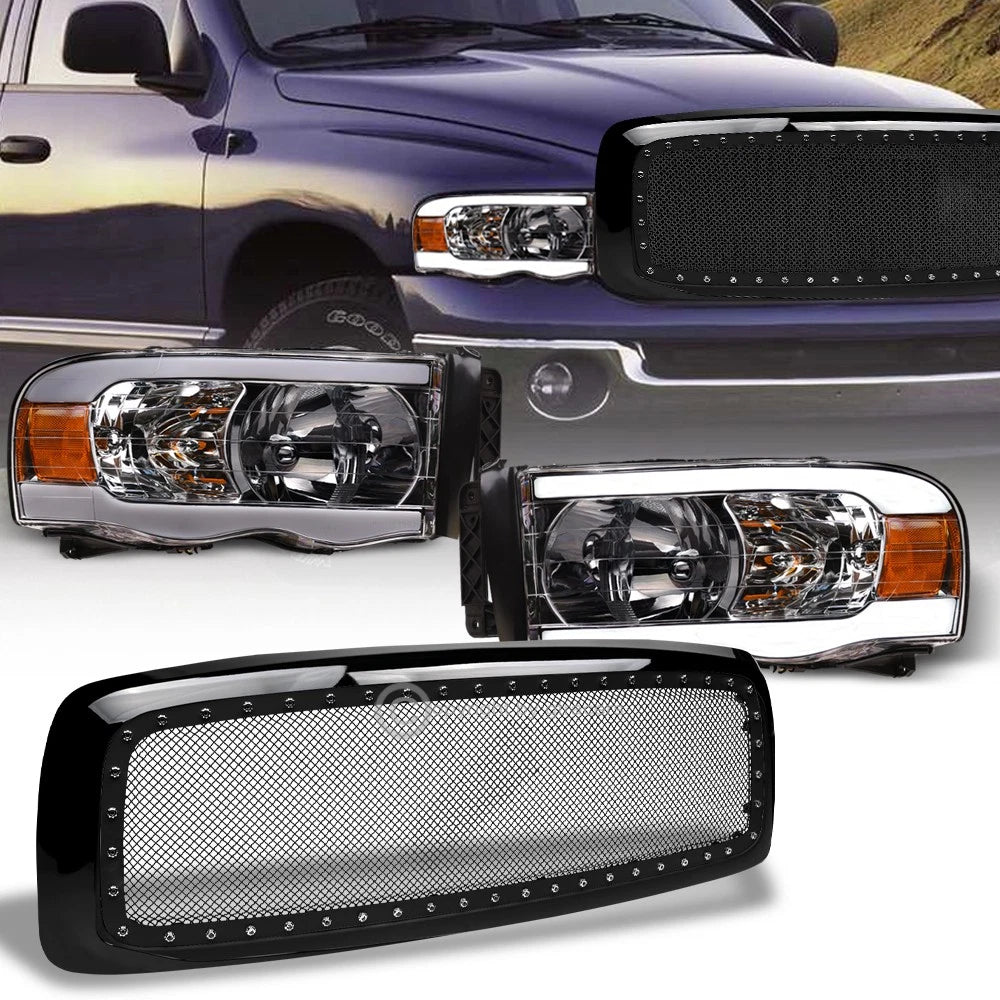 2002-2005 Ram Chrome LED Tube Headlights Amber+Black Rivet Bolt Mesh Grille