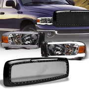 2002-2005 Ram Chrome LED Tube Headlights Amber+Black Rivet Bolt Mesh Grille