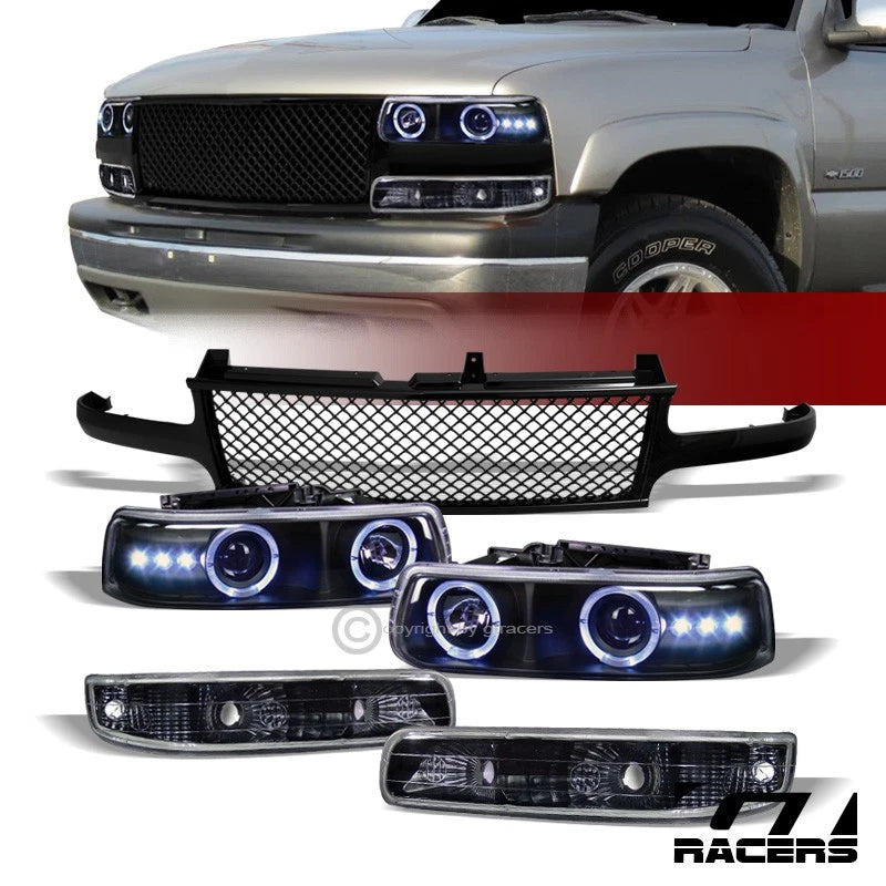 Black Halo Led Projector Headlights K2+Bumper Yd+Mesh Grille 99-02 Silverado