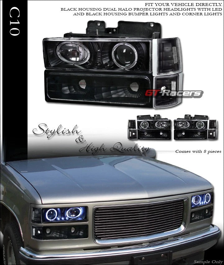 Blk Led Halo Projector Headlights+Bumper+Corner Yd 94-99 Chevy C10 C/K Truck
