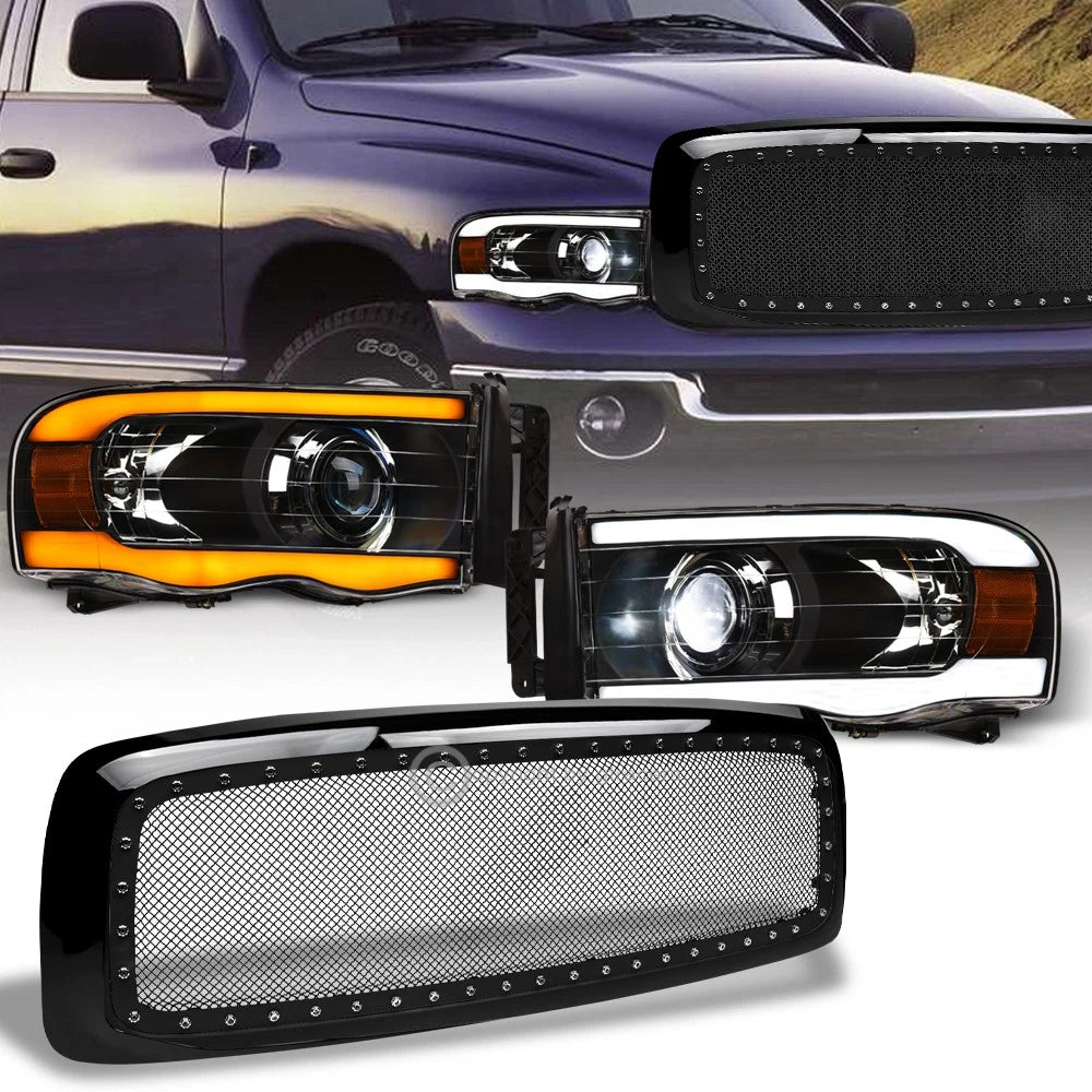 Switchback Sequential 02-05 Ram Blk Full LED Pro Headlights+Rivet Mesh Grill