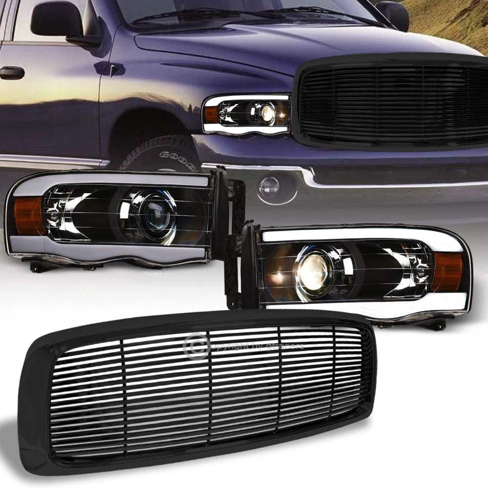 2002-2005 Ram Blk LED Tube Bar Projector Headlights Amber+Horizontal Grille