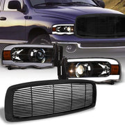 2002-2005 Ram Blk LED Tube Bar Projector Headlights Amber+Horizontal Grille