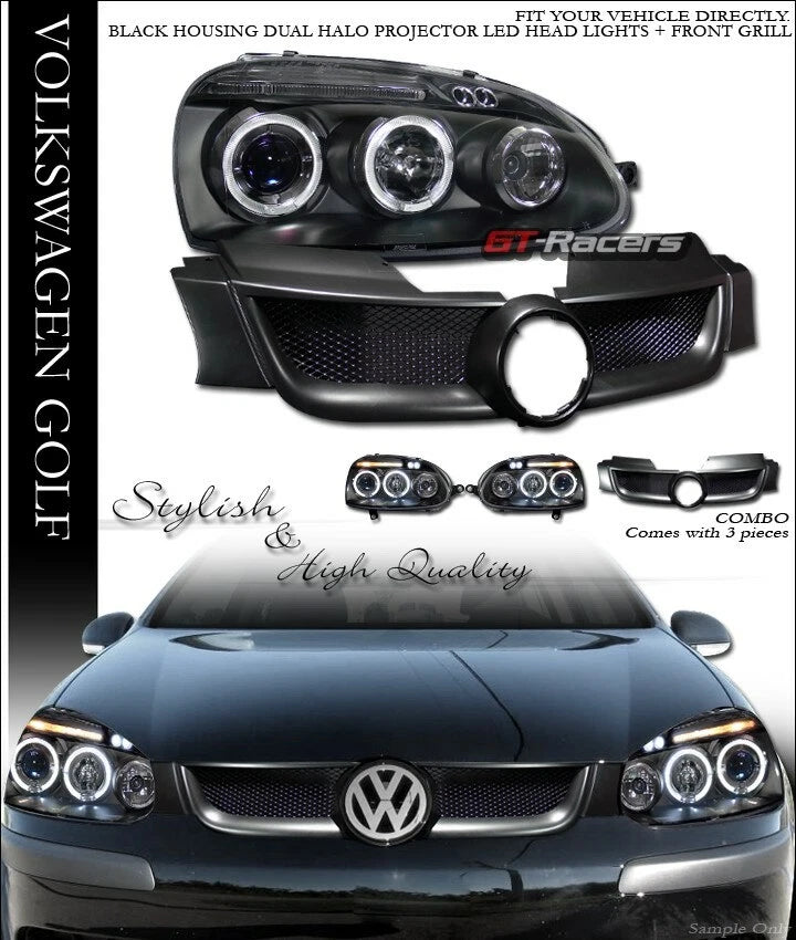 Blk Halo Led Projector Headlights+Aluminum Grille 2006-2008 Golf Rabbit Mk5