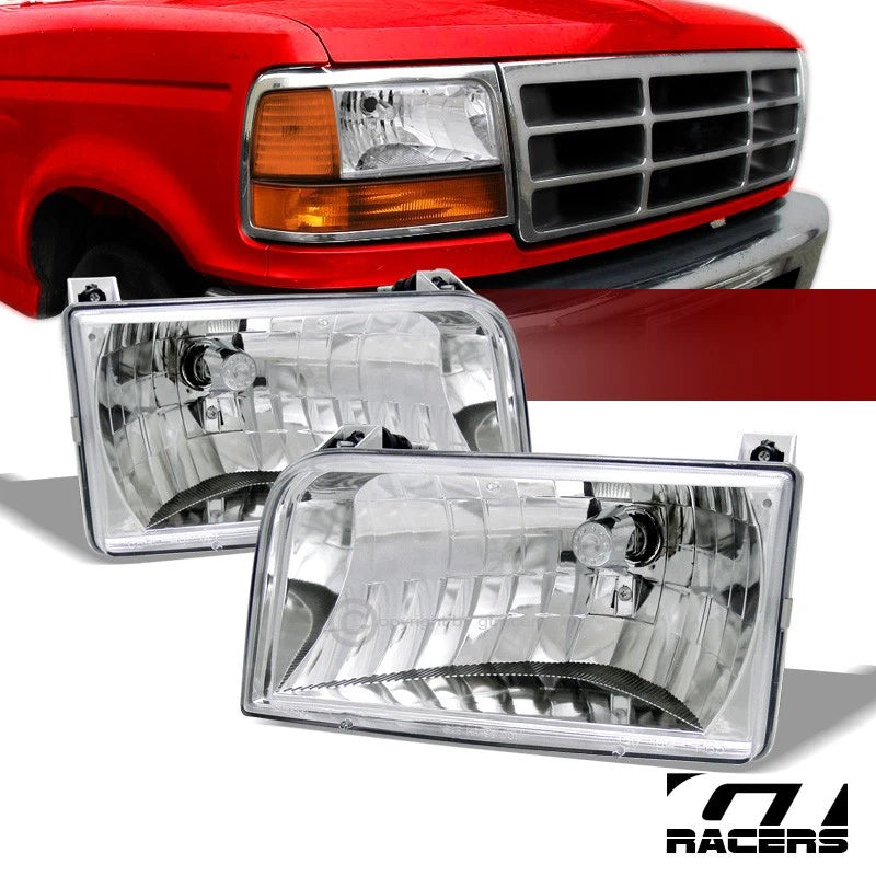 1992-1996 Ford F150 F250 Bronco Euro Chrome Housing Headlights Headlamps Ks
