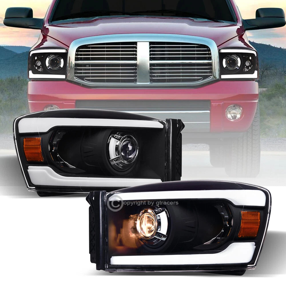 2006-2009 Dodge Ram Black Projector Headlights Signal Amber w/LED Tube Bar