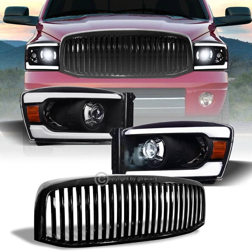 2006-2009 Ram Black Full LED Tube Projector Headlights Amber+Vertical Grille