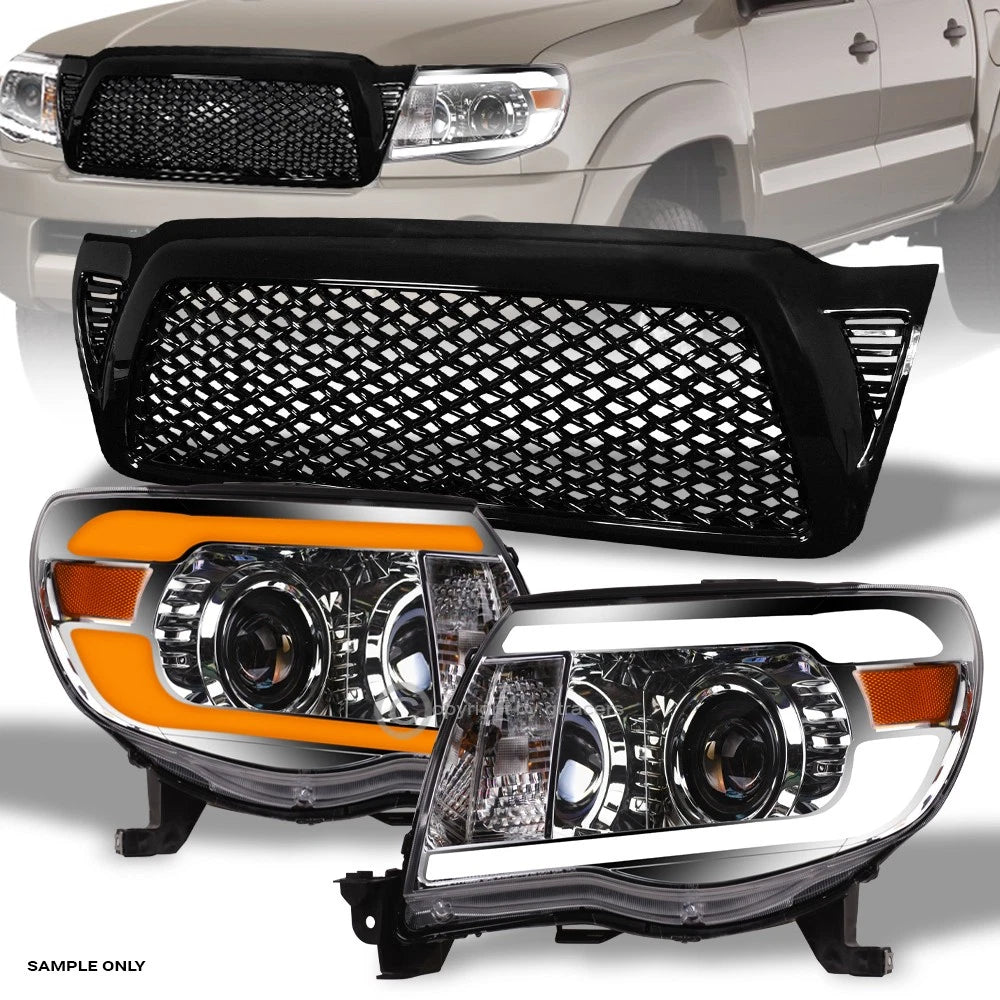 Switchback Sequential 05-11 Tacoma Chrome LED Pro Headlights Am+Blk M Grille