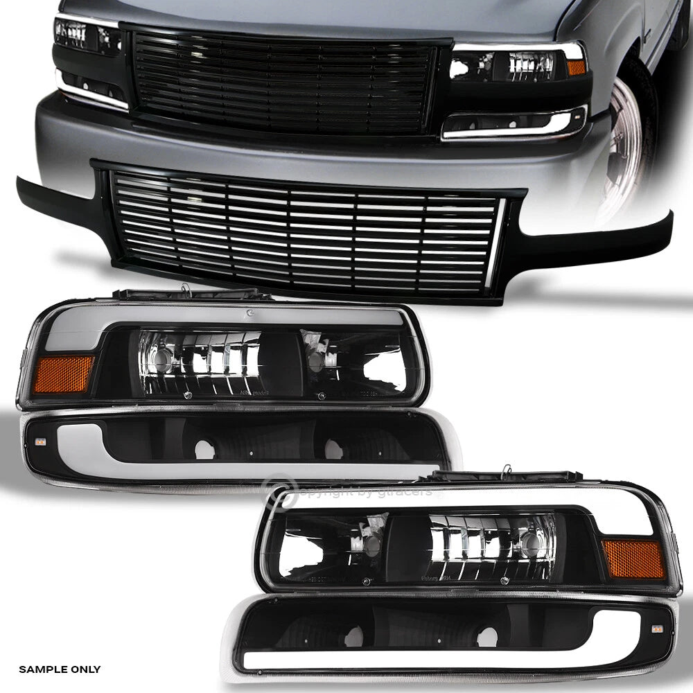 99-02 Silverado/00-06 Suburban Tahoe Blk LED Bar Headlights A+Bumper+H Grill