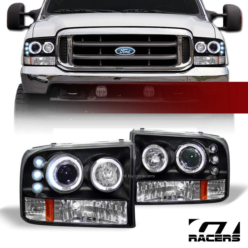 1999-2004 F250/Excursion Black LED Halo Projector Headlights Signal Amber