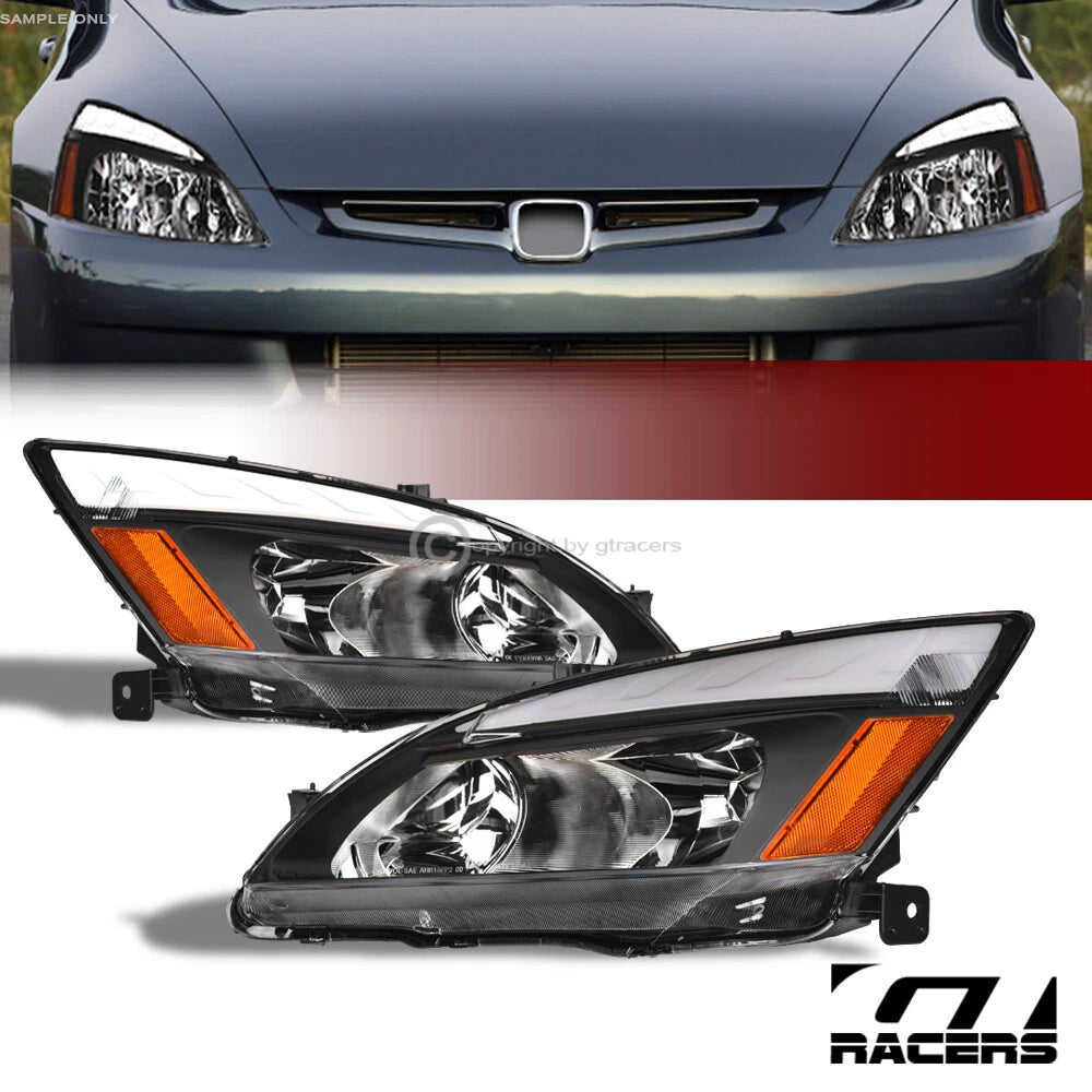 2003-2007 Honda Accord Black Crystal Headlights Signal Amber w/LED Tube Bar
