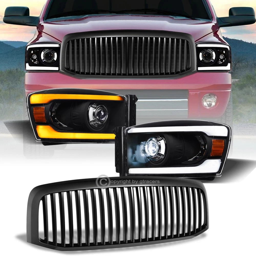 Switchback Sequential 06-09 Ram Black Full LED Pro Headlights+Matte V Grille