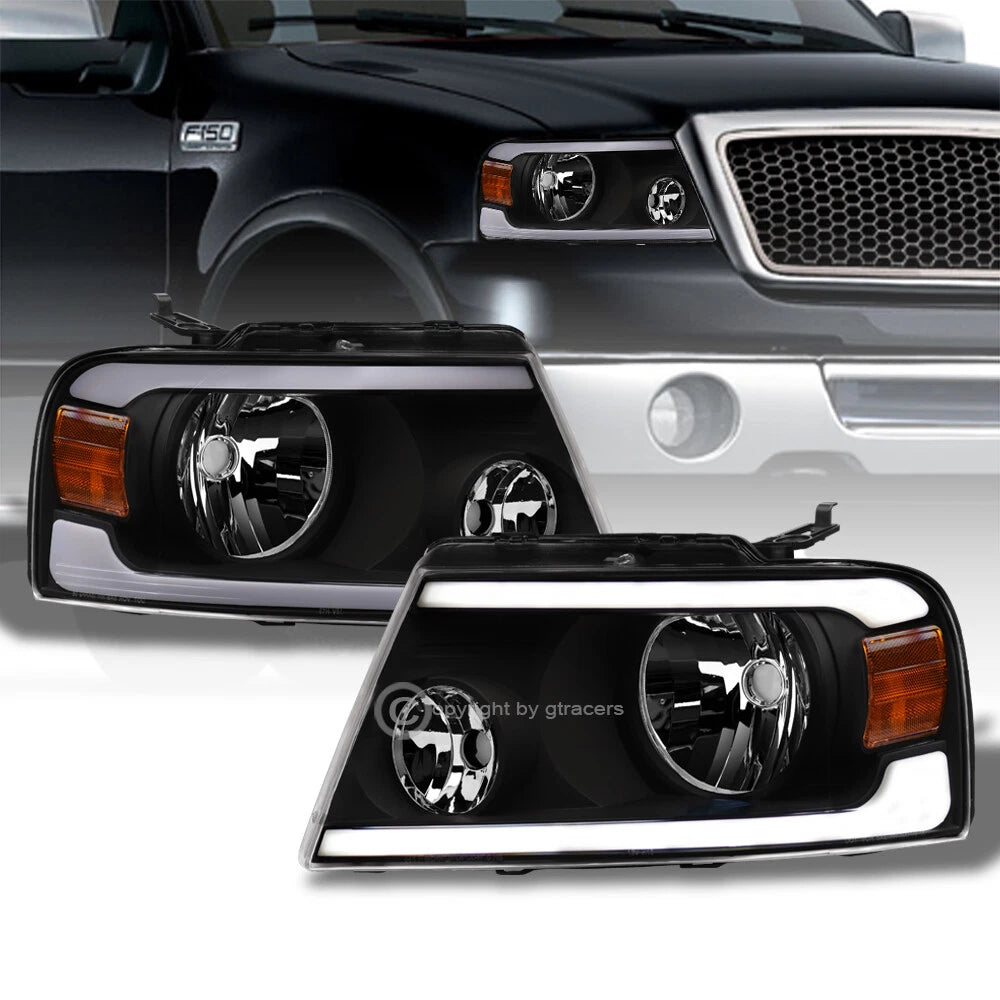 2004-2008 F150/Mark LT Black Crystal Headlights Signal Amber w/LED Tube Bar