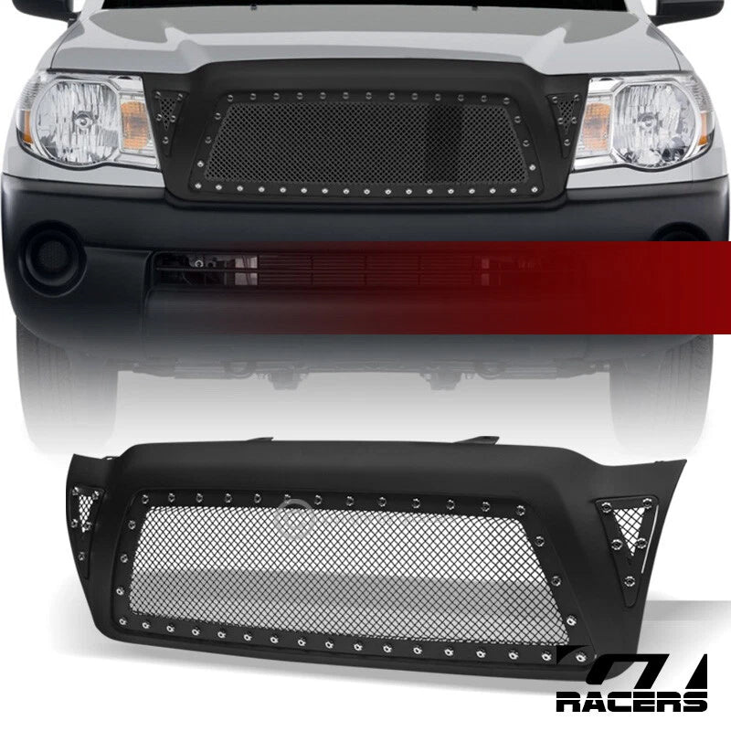 2005-2011 Toyota Tacoma Matte Blk Rivet Bolt Steel Mesh Front Bumper Grille