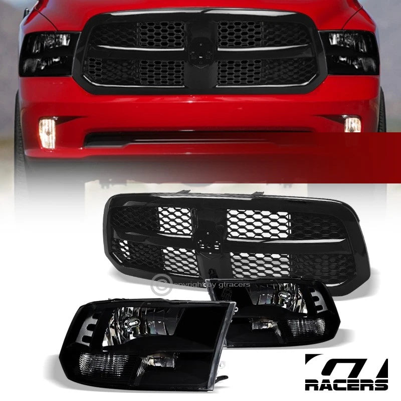 2013-2018 Ram 1500 Blk Quad Lamps Headlights Signal nb+Honeycomb Mesh Grille