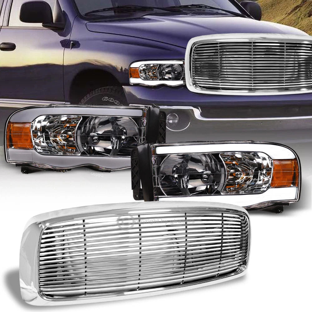 2002-2005 Dodge Ram Chrome LED Tube Headlights Amber+Horizontal Front Grille