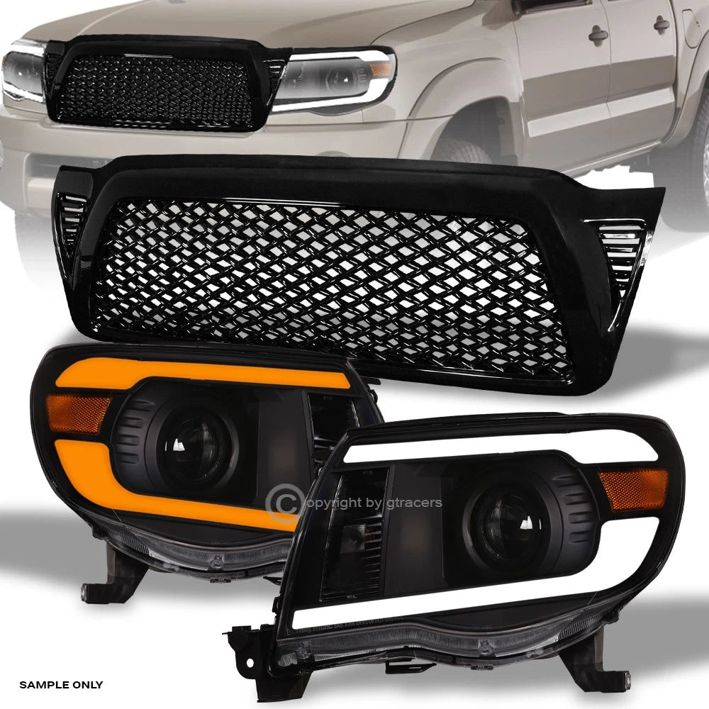 Switchback Sequential 05-11 Tacoma Blk LED Projector Headlights A+Mesh Grill
