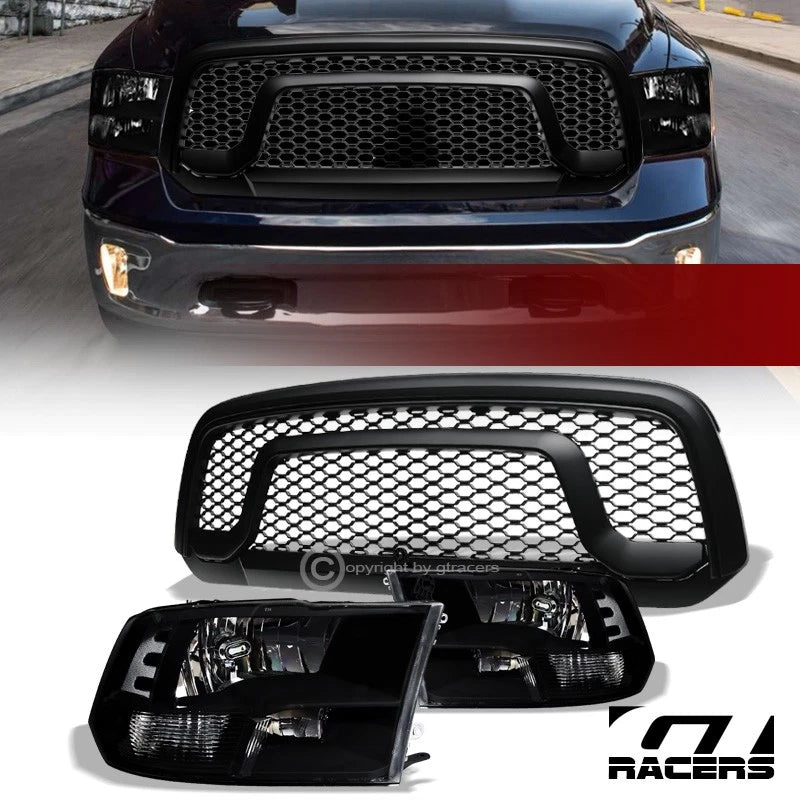 2013-2018 Dodge Ram 1500 Blk Quad Lamp Headlights nb+Matte Rebel Mesh Grille