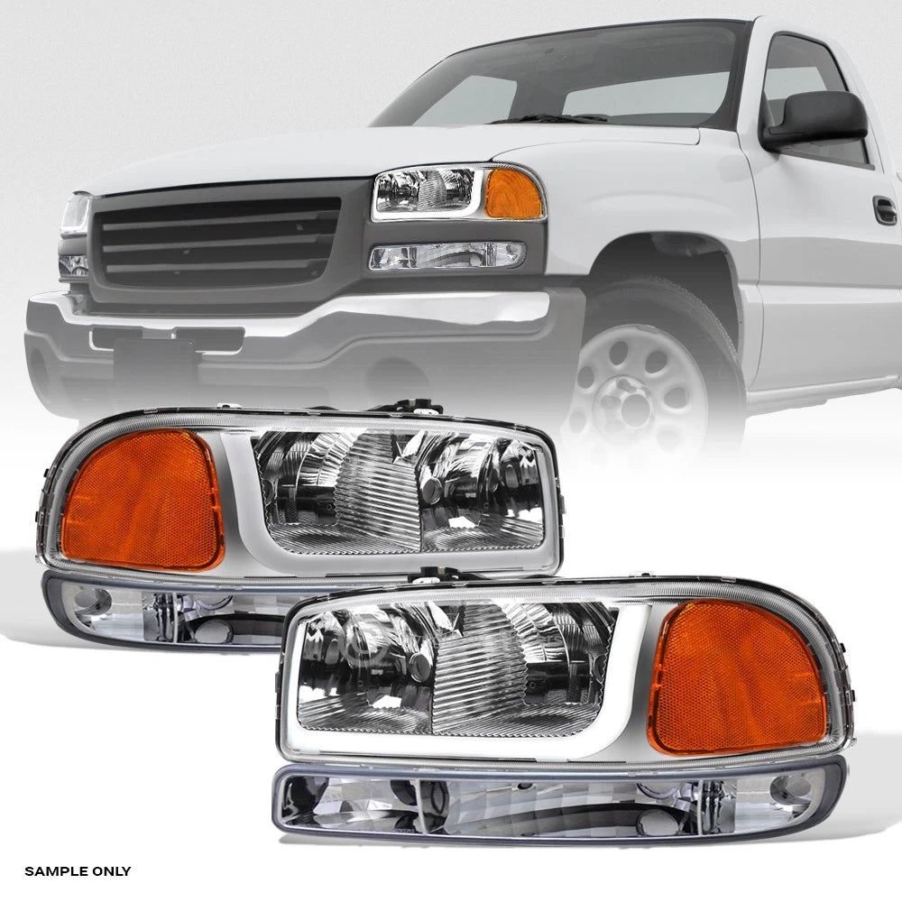 1999-2006 Sierra/Yukon Chrome Headlights Amber+Bumper Signal w/LED Tube Bar