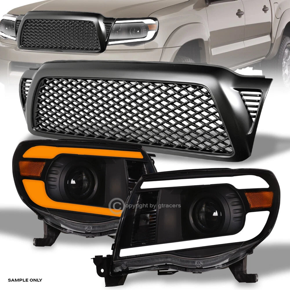 Switchback Sequential 05-11 Tacoma Blk LED Pro Headlights A+Matte Mesh Grill
