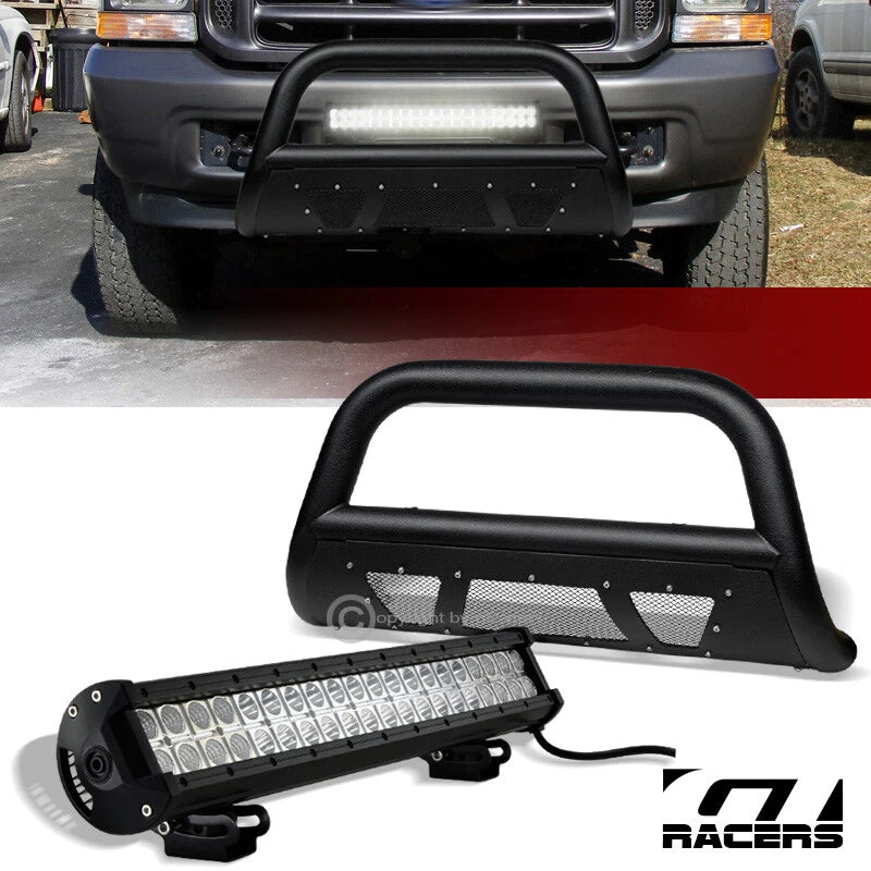 1999-2004 Ford F250/F350 Textured Black Studded Mesh Bull Bar+120W LED Light