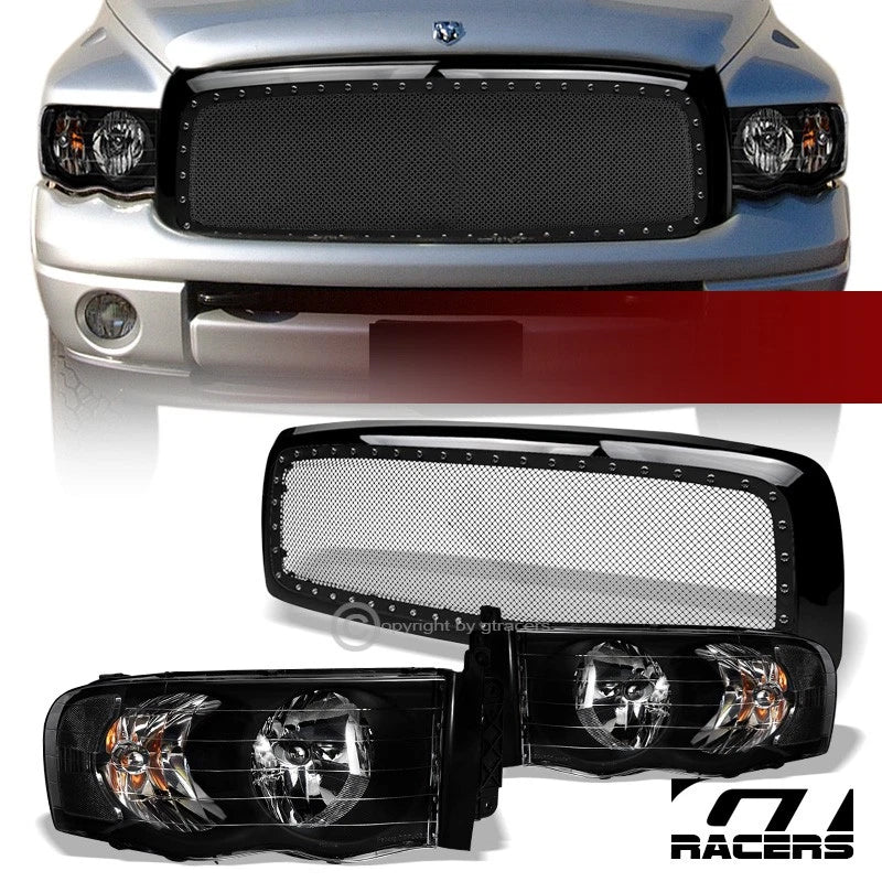 2002-2005 Dodge Ram Black Headlights Signal nb+Rivet Bolt Mesh Bumper Grille