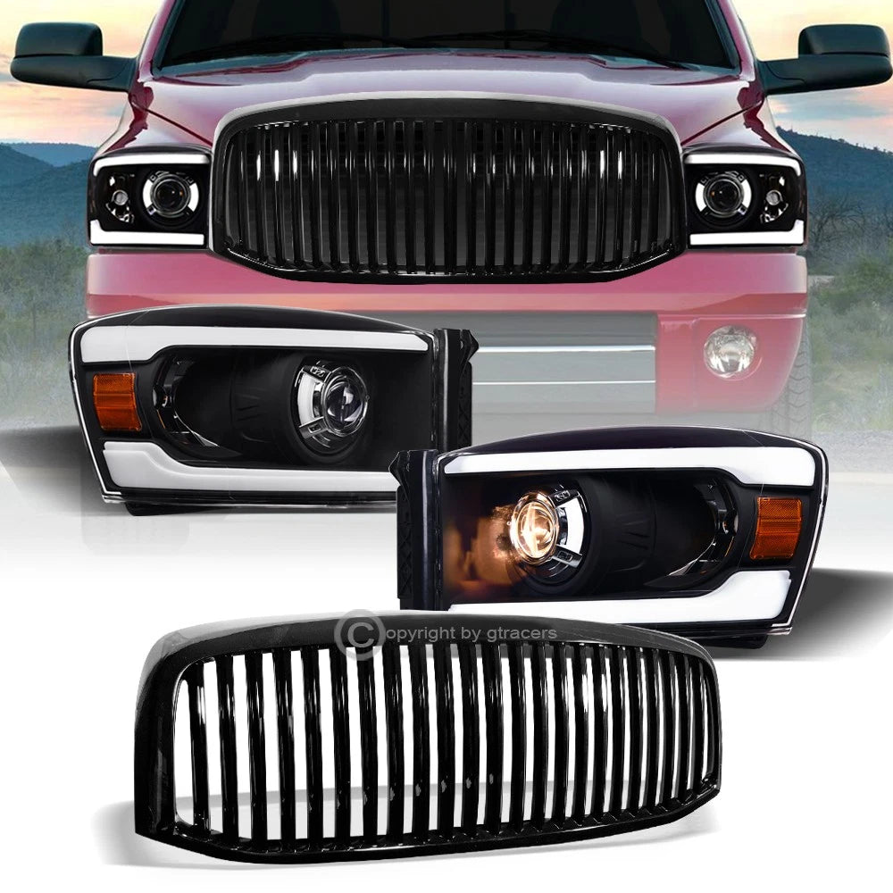 2006-2009 Dodge Ram Blk LED Tube Projector Headlights Amber+Vertical Grille