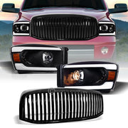 2006-2009 Dodge Ram Blk LED Tube Projector Headlights Amber+Vertical Grille