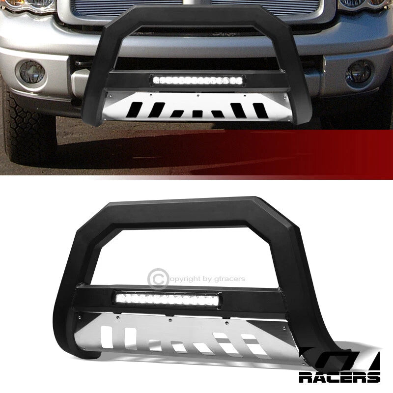 2002-2009 Dodge Ram Matte Blk/SS Skid AVT Aluminum LED Bull Bar Bumper Guard