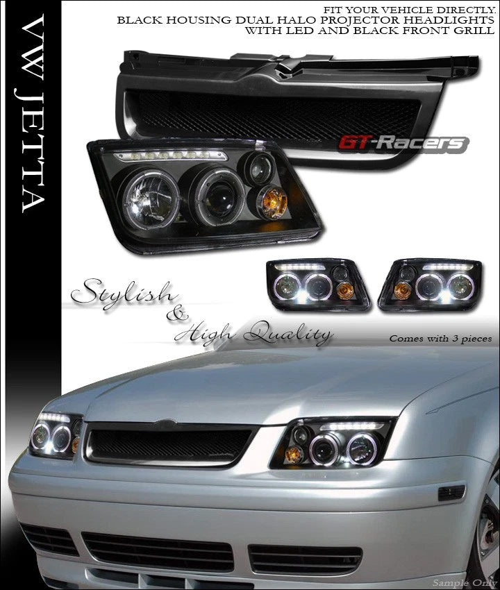 Black Led Halo Projector Headlights Signal w/Fog+Mesh Grille 99-05 Jetta Mk4