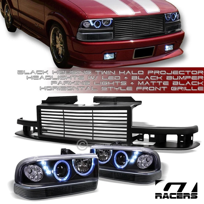 Blk Led Projector Headlights+Bumper Lamp K2+Matte H Grille 98-04 S10/Blazer