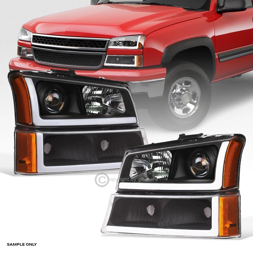 2003-2006 Silverado/Avalanche Blk Projector Headlights+Bumper w/LED Tube Bar