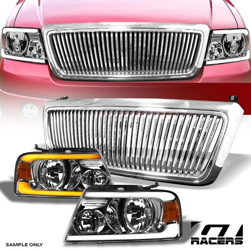 2004-2008 F150 Chrome Sequential LED Tube Headlights Amber+Vertical Grille