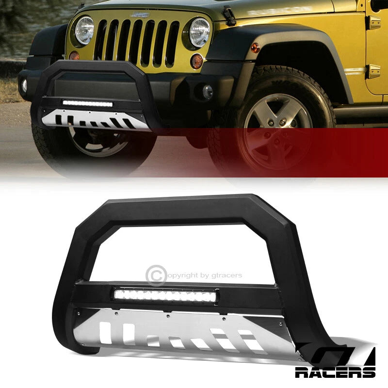 2007-2009 Jeep Wrangler JK Matte Blk/SS Skid AVT Aluminum LED Bull Bar Guard