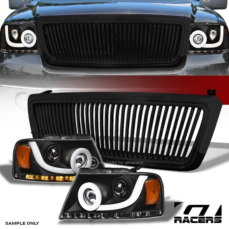 04-08 F150 Black Halo Sequential LED Bar Projector Headlights Amber+V Grille