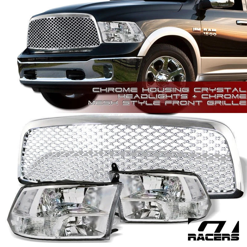 Quad Lamps Chrome Clear Headlights Nb+Front Mesh Grille 09-12 Dodge Ram 1500