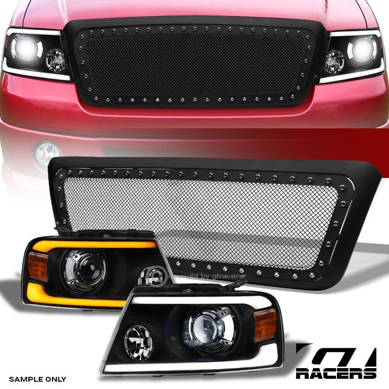 04-08 F150 Blk Sequential Full LED Pro Headlights Am+Matte Rivet Mesh Grille