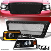 04-08 F150 Blk Sequential Full LED Pro Headlights Am+Matte Rivet Mesh Grille