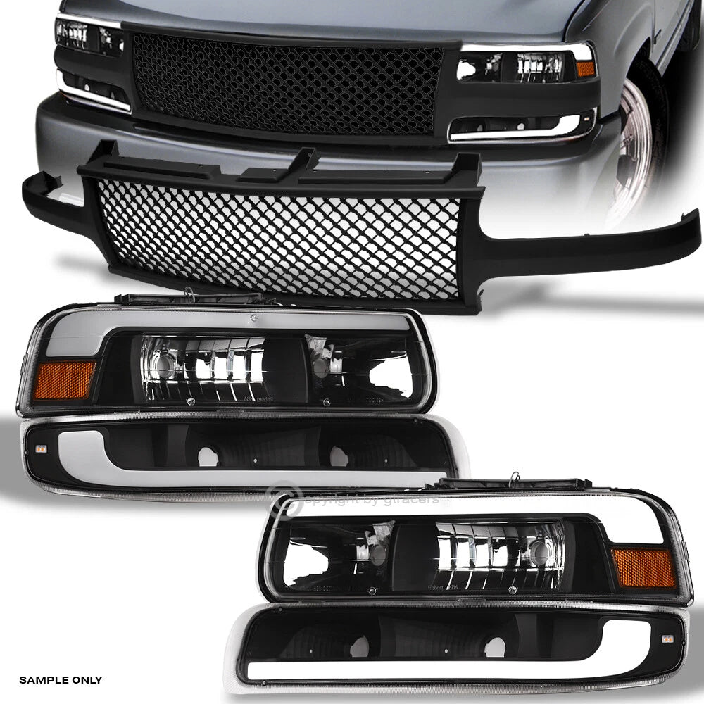 99-02 Silverado/00-06 Suburban Tahoe Blk LED Headlights Am+Matte Mesh Grille
