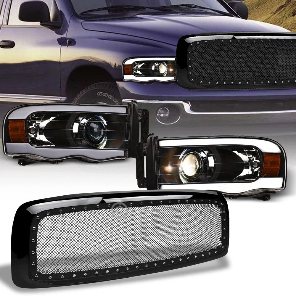 2002-2005 Ram Blk LED Tube Bar Projector Headlights Amber+Rivet Mesh Grille