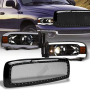 2002-2005 Ram Blk LED Tube Bar Projector Headlights Amber+Rivet Mesh Grille
