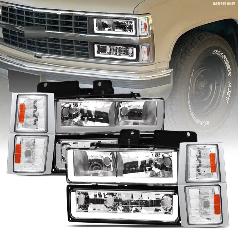 1994-2000 Chevy C10 C/K LED Tube Bar Chrome Headlights+Corner+Bumper Lamps