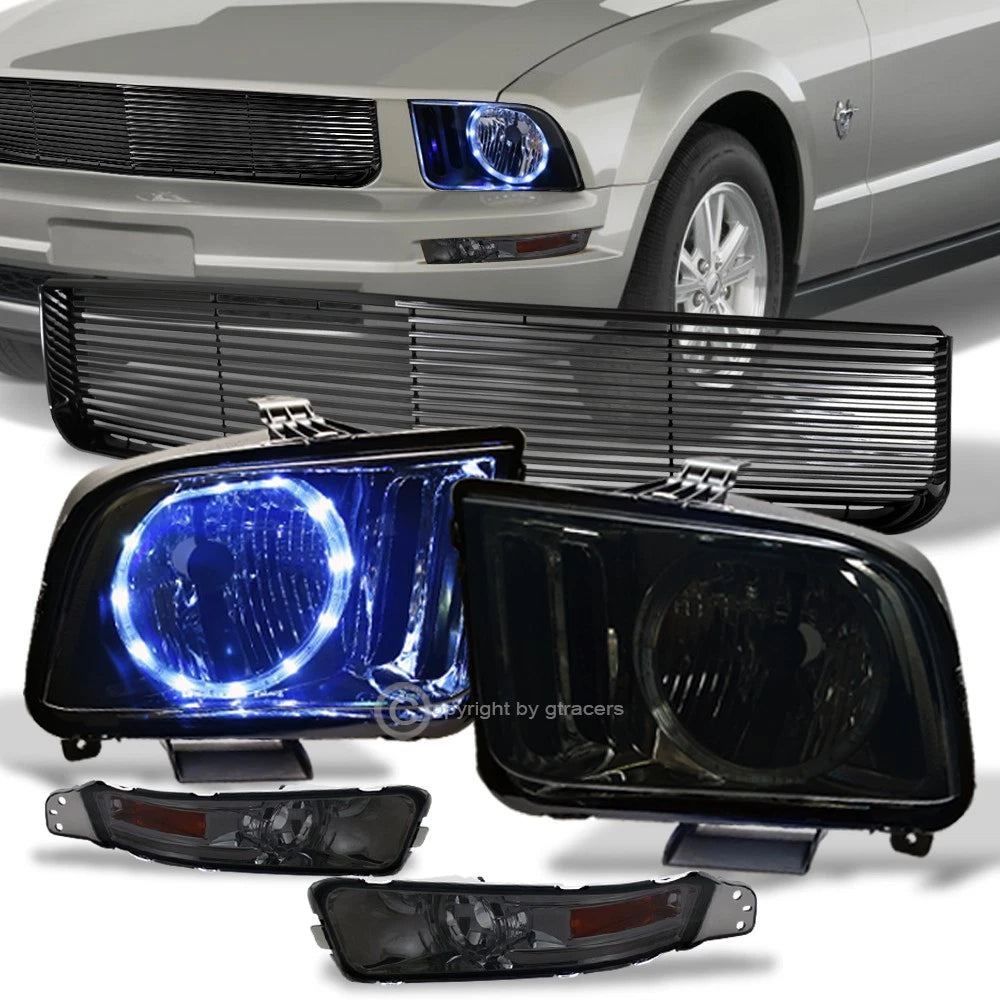 05-09 Mustang V6 Smoke LED Halo Headlights+Bumper Lamps Amber+Black H Grille