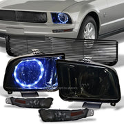 05-09 Mustang V6 Smoke LED Halo Headlights+Bumper Lamps Amber+Black H Grille