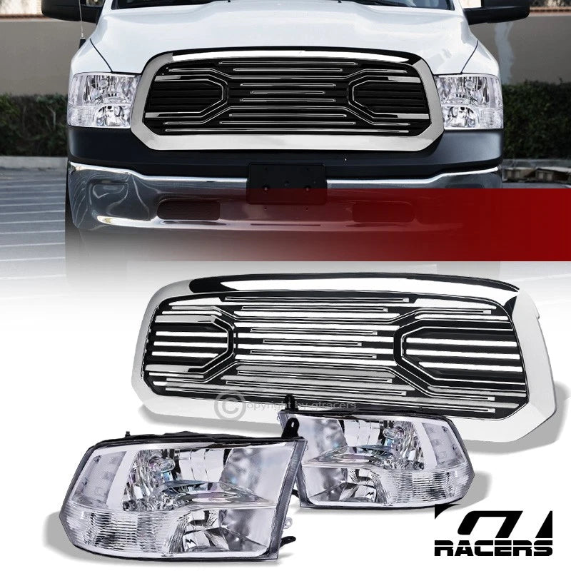 2013-2018 Dodge Ram 1500 Chrome Quad Headlights nb+Big Horn Style Grille