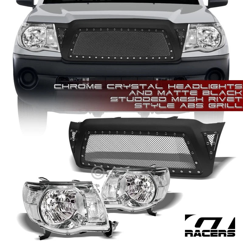 2005-2011 Toyota Tacoma Chrome Headlights Signal+Matte Blk Rivet Mesh Grille