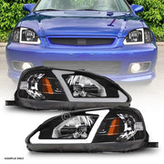 1999-2000 Honda Civic Blk Crystal Headlights Signal Amber w/DRL LED Tube Bar